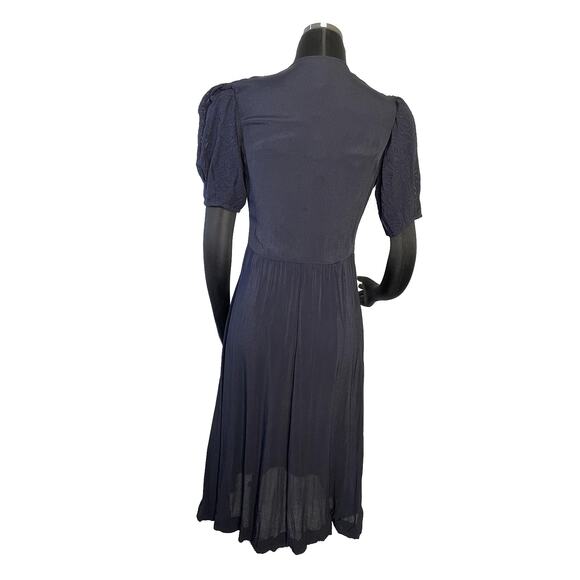 Vintage 1930s Navy Blue Dress with Burnout Sheer Sleeves -Size 4 Movie Star Glam - Picture 12 of 16